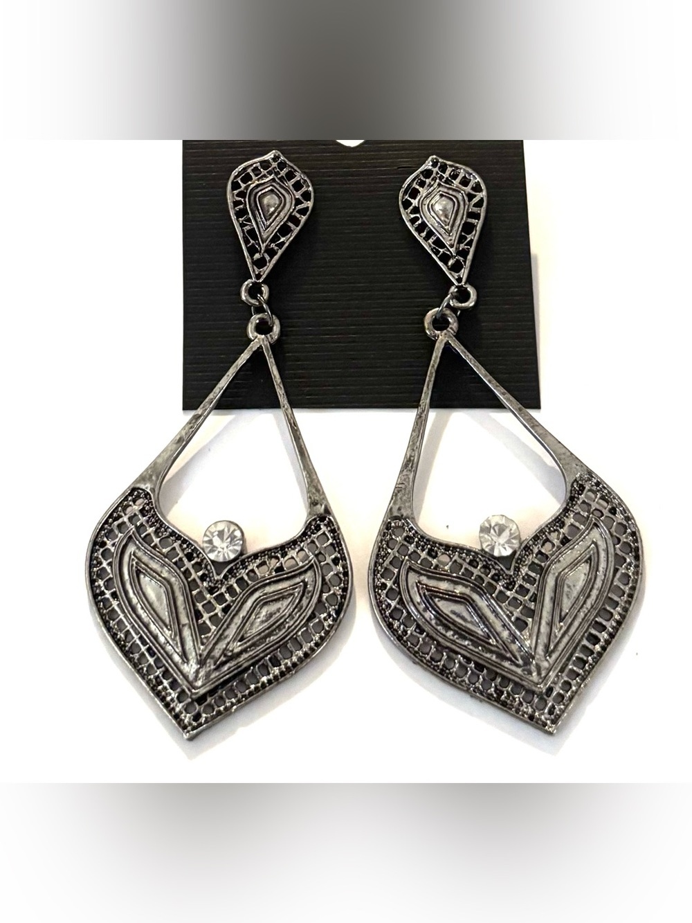 Fashion Jewelry Silver Filigree Teardrop Dangle Earrings with Crystal Accent